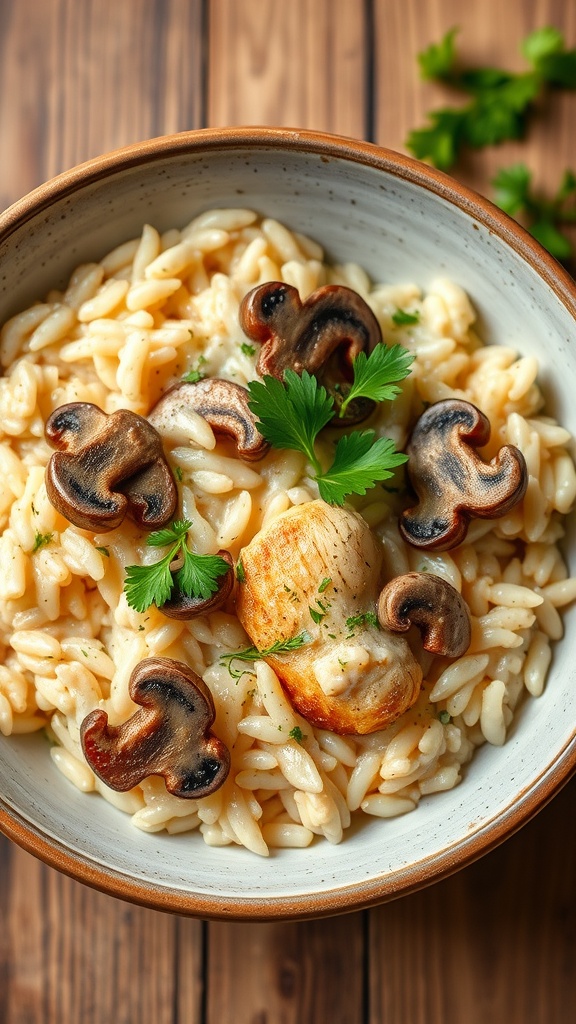 A creamy bowl of chicken and mushroom risotto with parsley garnish.