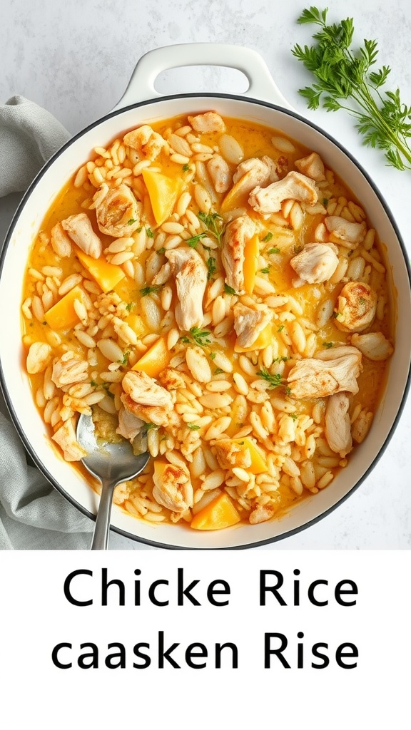 A comforting chicken and rice casserole dish.