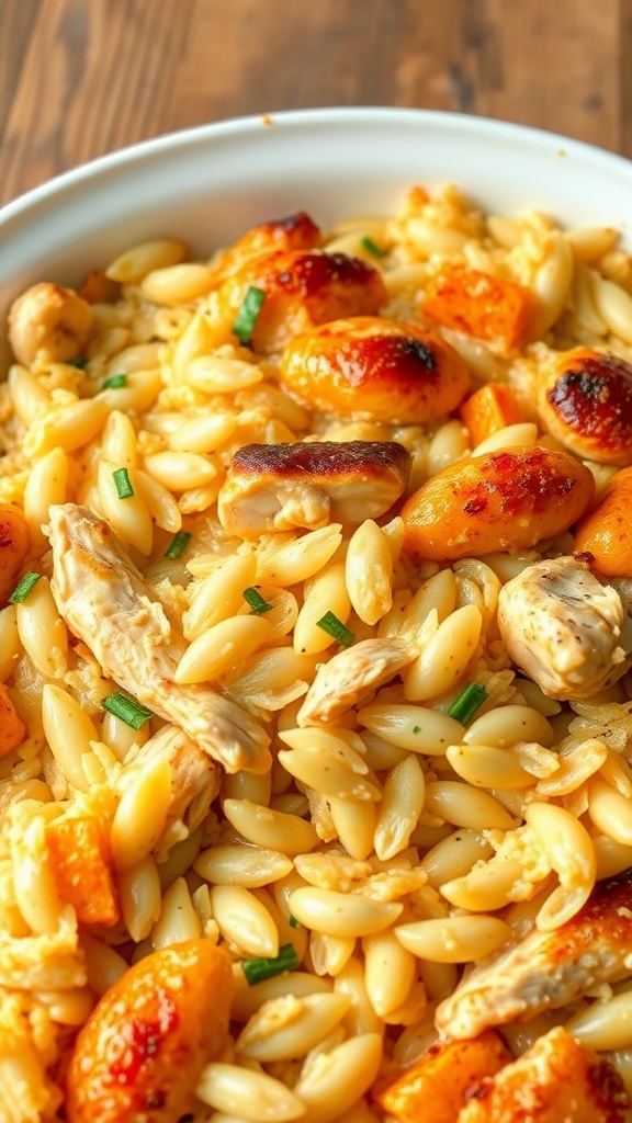 A delicious chicken and rice casserole dish with tender chicken, rice, and mixed vegetables.