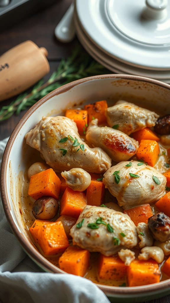 A bowl of chicken and sweet potato bake with herbs and vegetables.