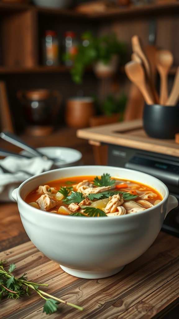 A bowl of chicken and vegetable noodle soup with fresh herbs on a wooden table.