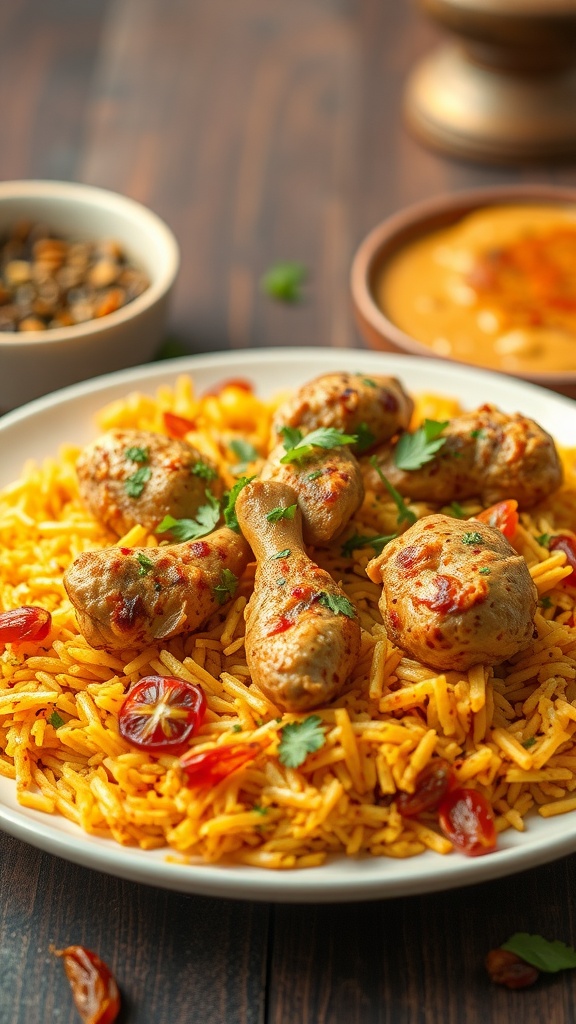 A plate of Chicken Biryani with chicken pieces, rice, and garnished with herbs.
