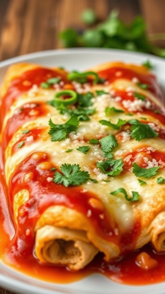 Delicious chicken enchiladas topped with red sauce and garnished with cilantro