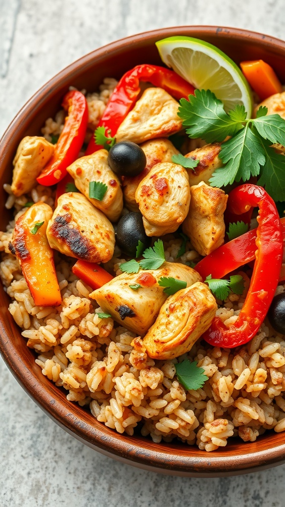 A colorful Chicken Fajita Bowl with brown rice, chicken pieces, bell peppers, and garnished with lime and cilantro.