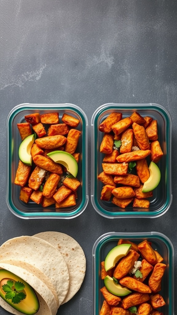 Meal prep containers filled with chicken fajitas and tortillas.