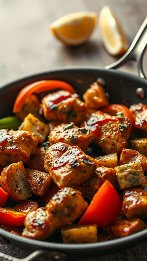 A colorful dish of chicken fajitas with bell peppers and onions.