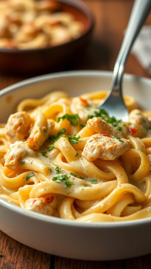 A creamy chicken fettuccine alfredo bake.