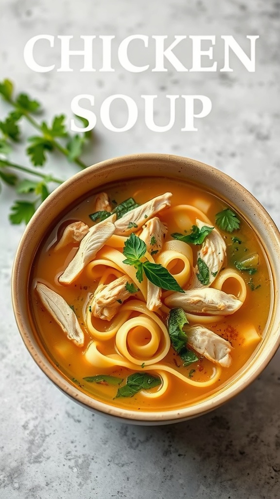 A warm bowl of chicken noodle soup with noodles and shredded chicken, garnished with fresh herbs.