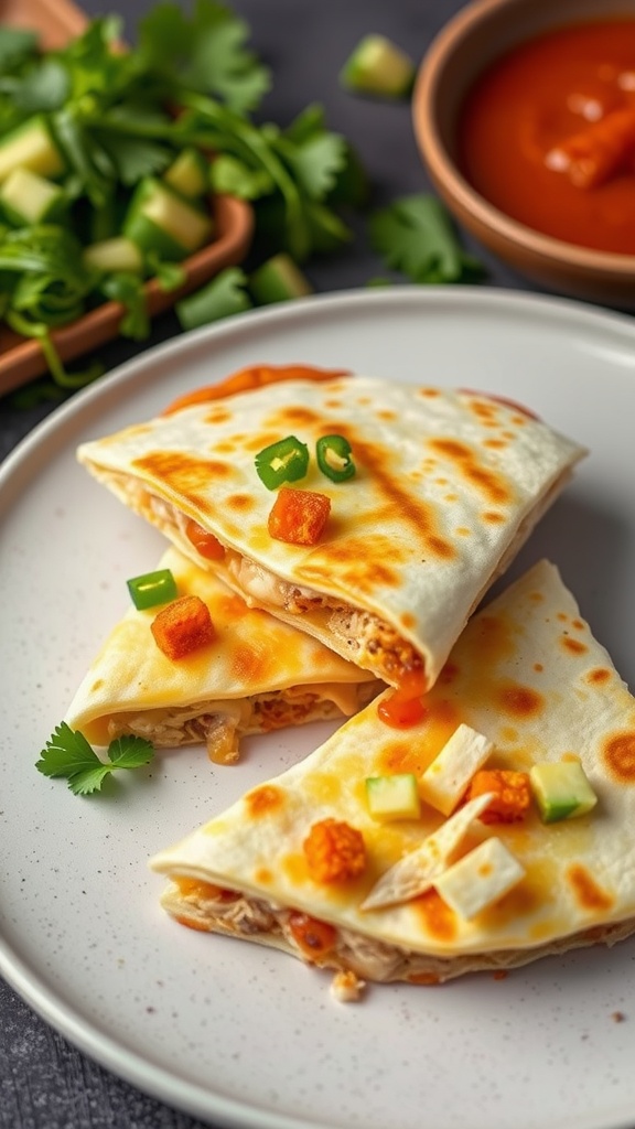Delicious chicken quesadillas with cheese served on a plate
