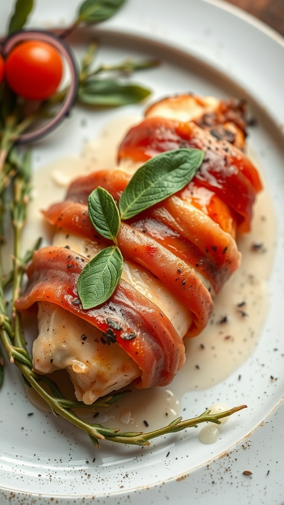 Deliciously plated Chicken Saltimbocca with prosciutto and sage.
