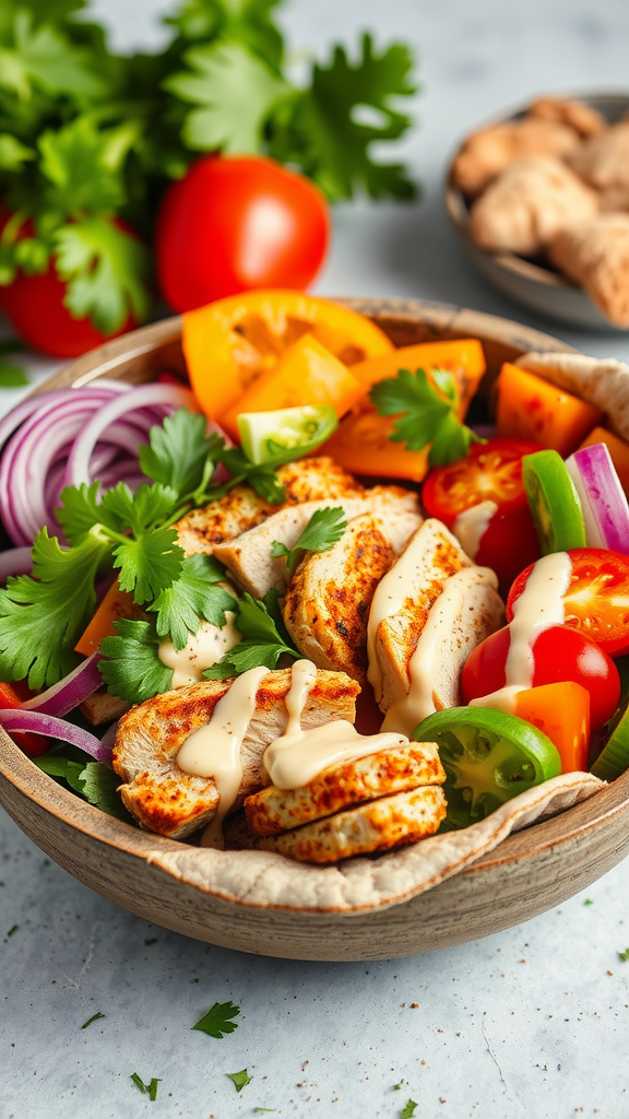 A colorful chicken shawarma bowl with fresh vegetables and tahini sauce.