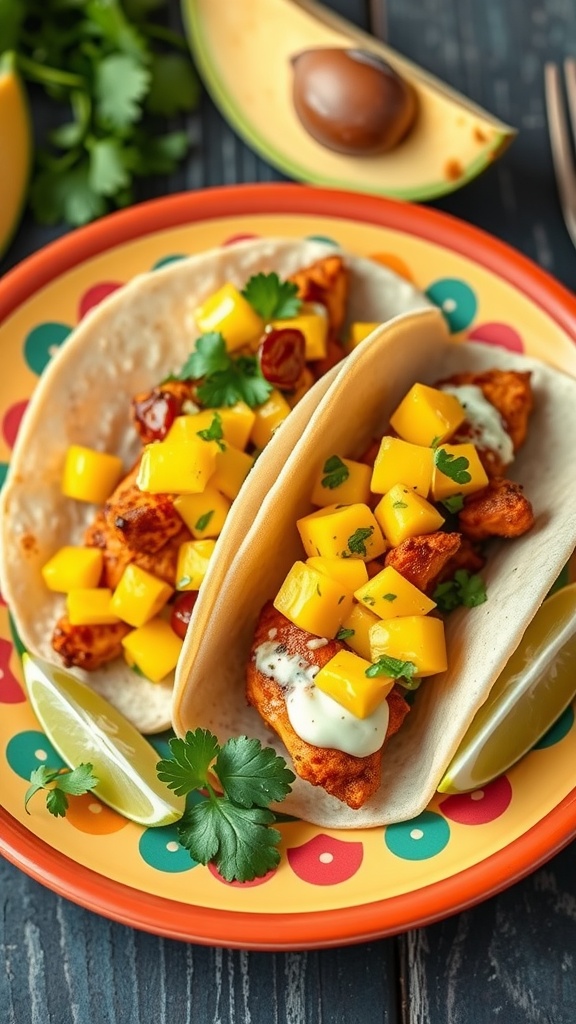 Delicious chicken tacos topped with mango salsa, garnished with cilantro and lime wedges