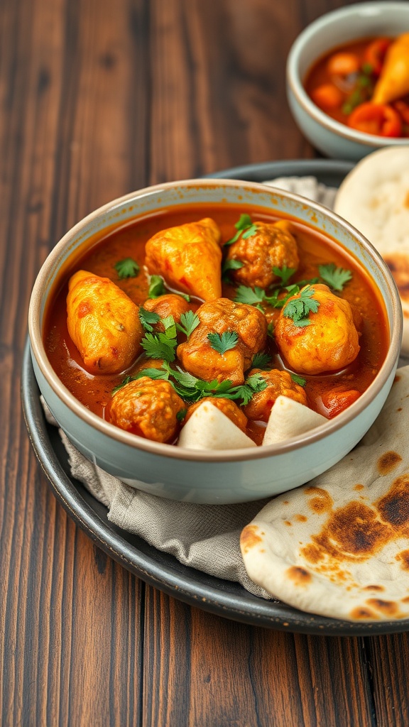 A bowl of Chicken Tikka Masala with cilantro garnish and naan on the side.