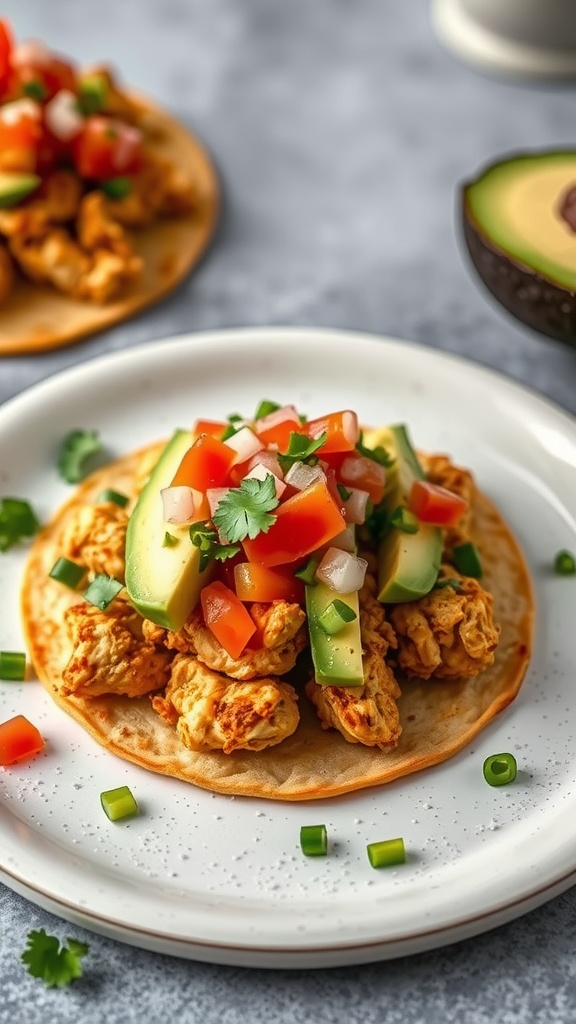 A plate of chicken tostadas topped with avocado, tomatoes, cucumber, and cilantro.