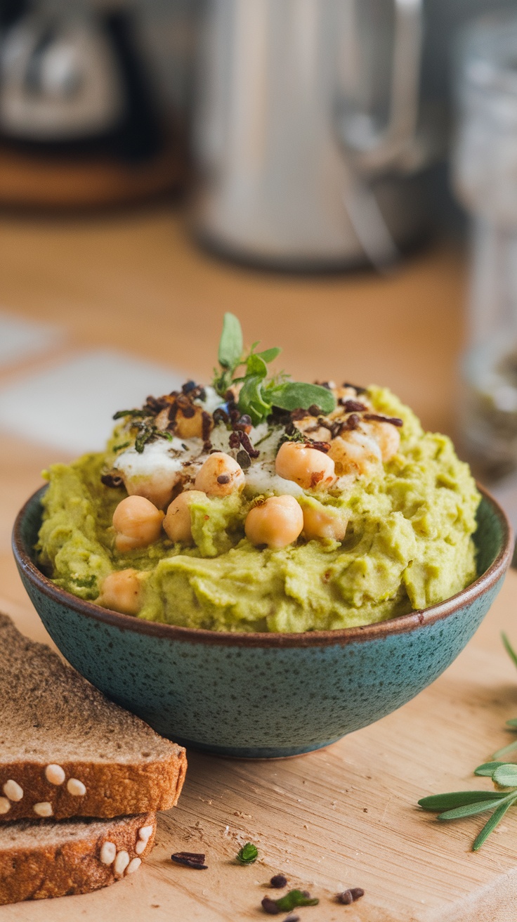 A bowl of chickpea and avocado mash with sliced bread on the side, garnished with herbs.