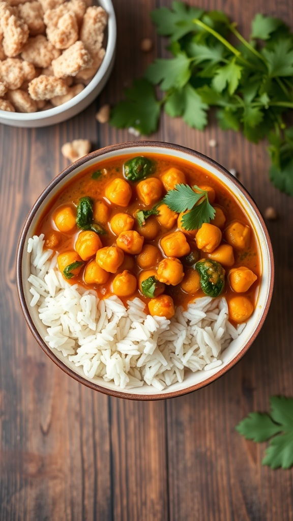 A bowl of chickpea and spinach curry served over rice, garnished with cilantro.