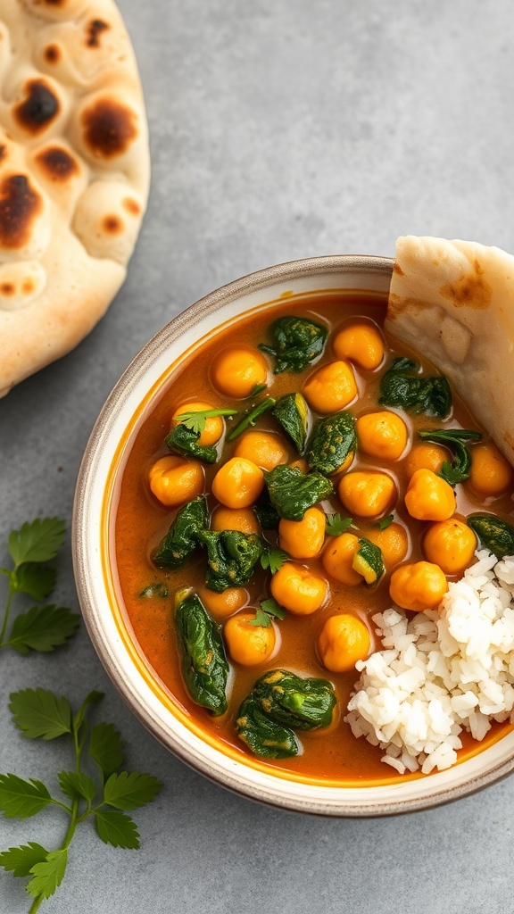 A bowl of chickpea and spinach curry with rice and naan.