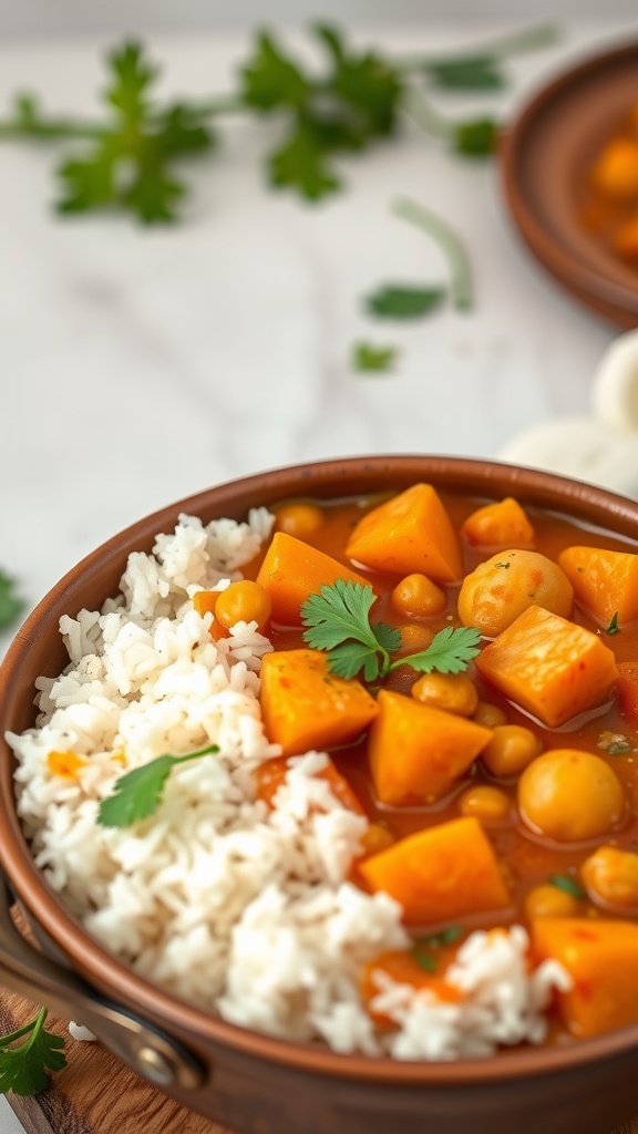 Bowl of chickpea and sweet potato curry served with rice
