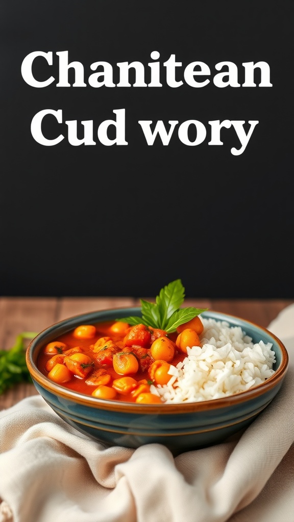 Bowl of chickpea and tomato curry served with rice, garnished with fresh herbs.