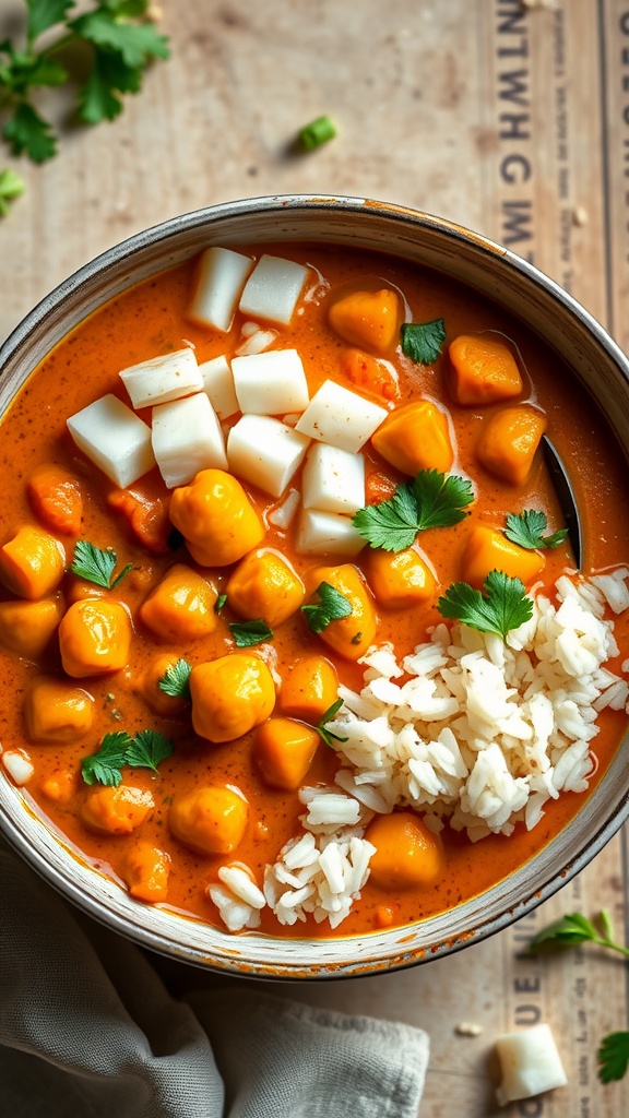 A bowl of chickpea curry with coconut milk, served with rice and garnished with cilantro.