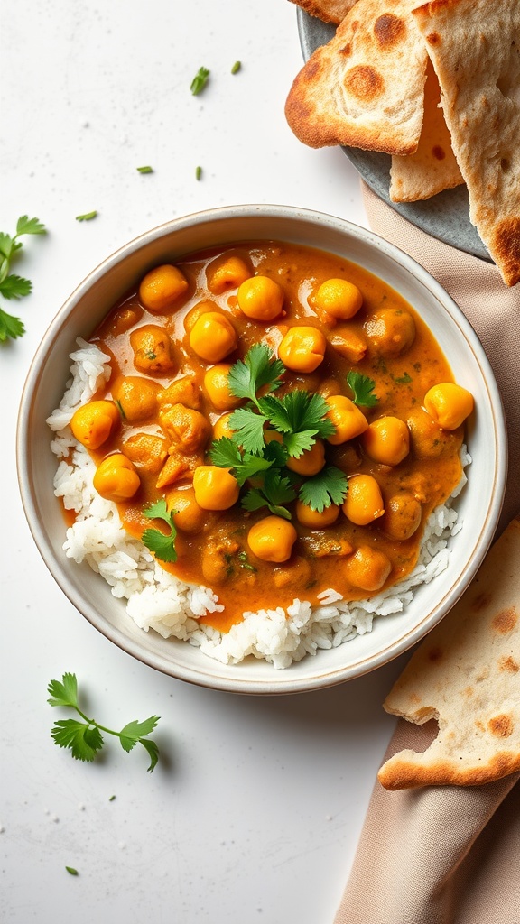 A bowl of chickpea curry served with rice and garnished with fresh cilantro.