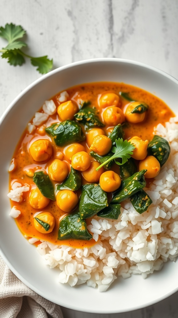 A bowl of chickpea curry with spinach and coconut milk served over rice.