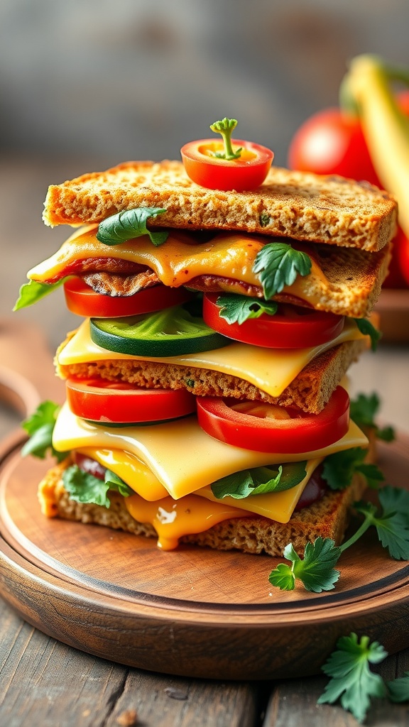 Chickpea flour breakfast sandwich stacked with vegetables and cheese.