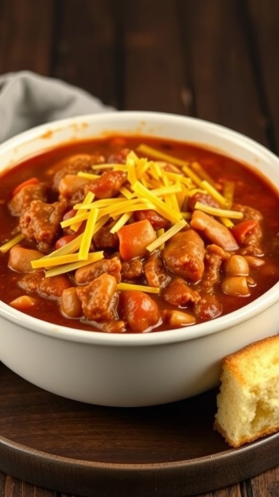 A bowl of chili con carne with beans, topped with shredded cheese and served with bread.