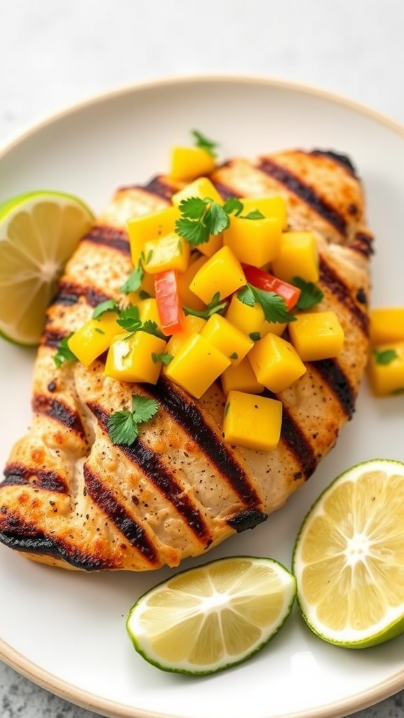 A plate of grilled chicken topped with mango salsa and lime wedges.