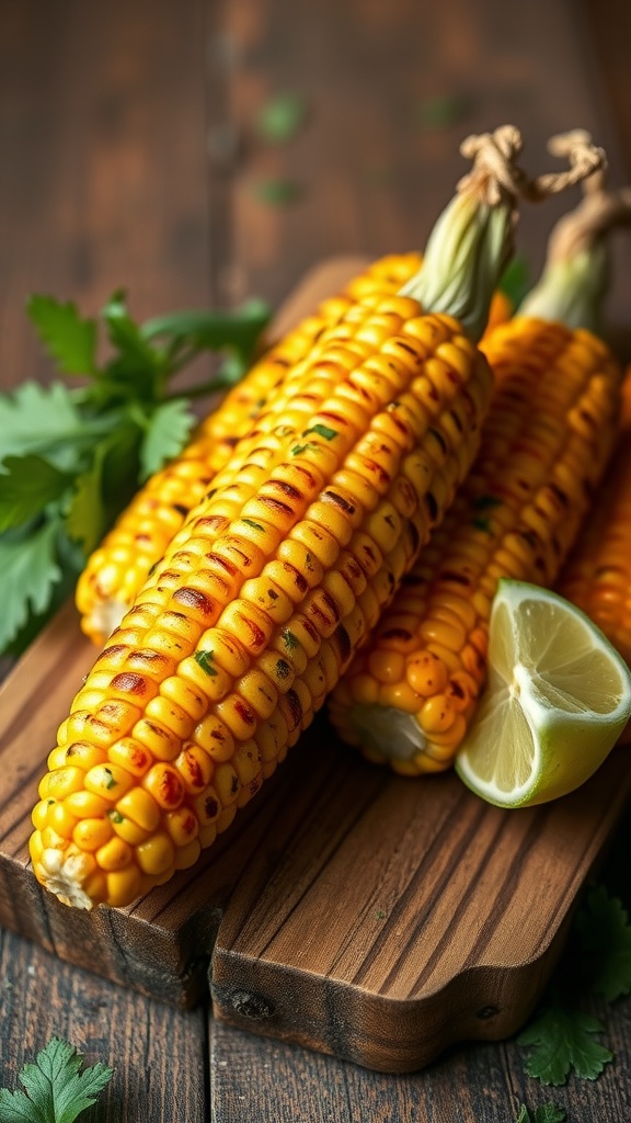 Grilled corn on the cob with chili lime seasoning on a wooden board