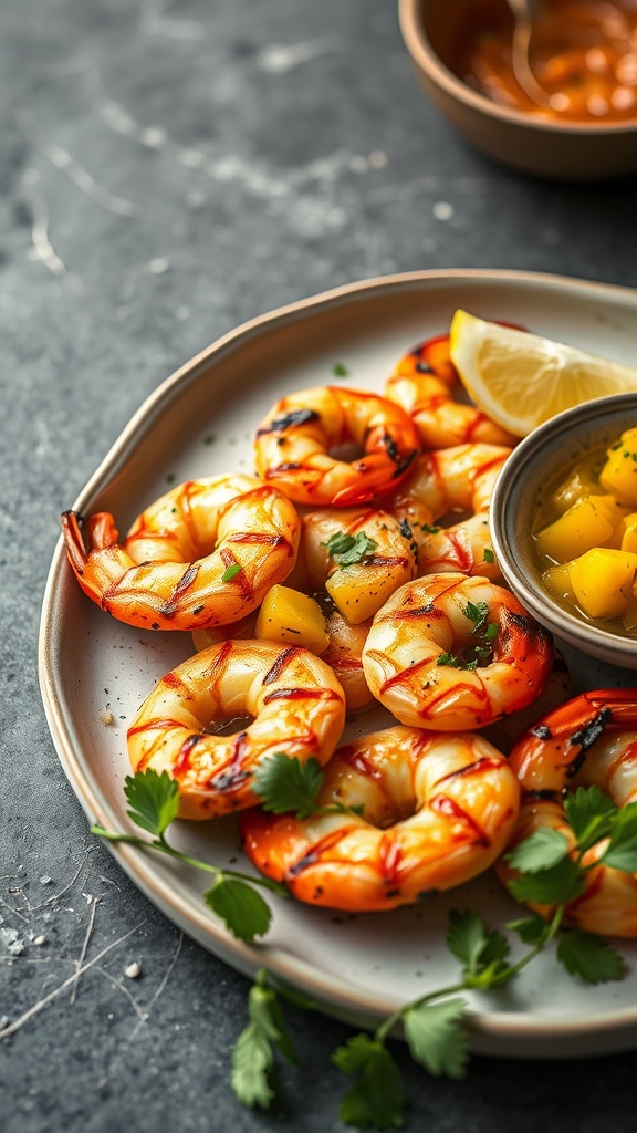 Chili lime grilled shrimp garnished with cilantro and served with lime wedges.