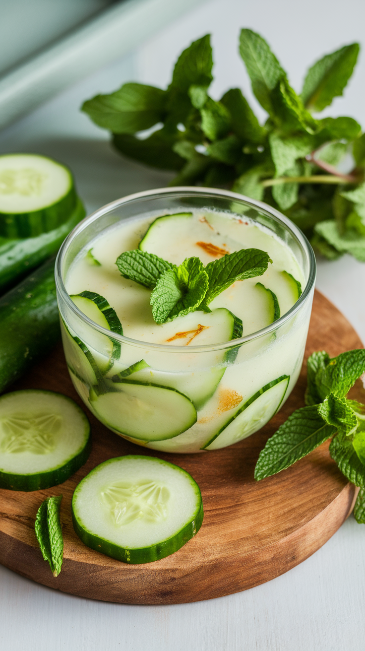 A refreshing bowl of chilled cucumber and mint soup garnished with mint leaves and cucumber slices.