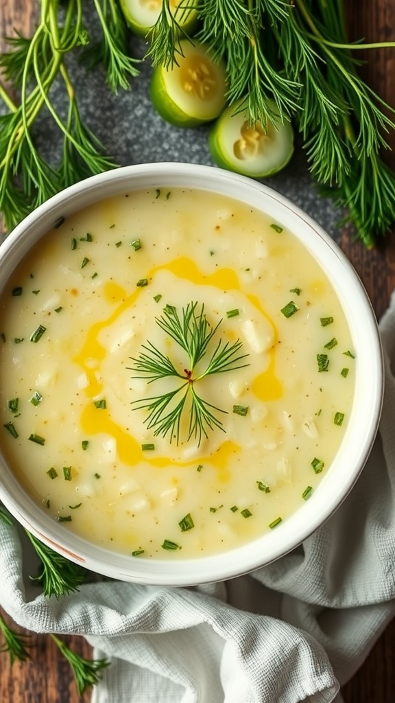 A bowl of chilled cucumber soup garnished with dill, served with fresh ingredients in the background.