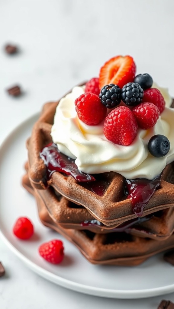 Delicious choco-berry waffles topped with whipped cream and fresh berries