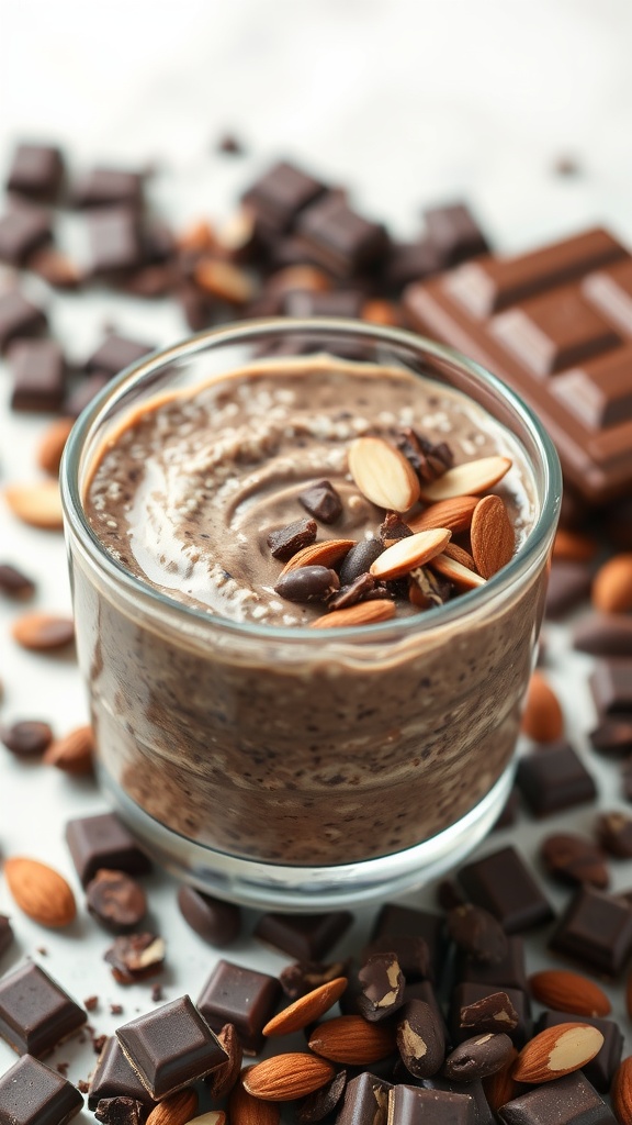 A creamy chocolate almond overnight oats in a glass jar, topped with almonds and chocolate pieces.