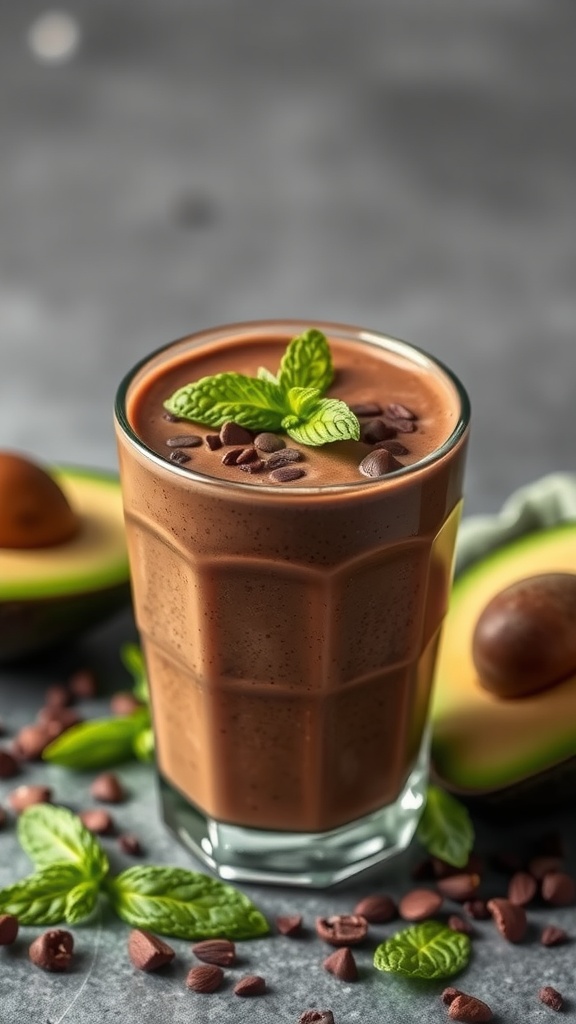 A creamy chocolate avocado smoothie in a glass, topped with mint leaves and chocolate chips.
