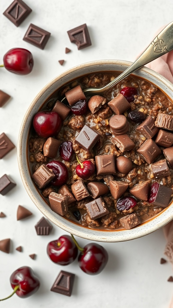 A bowl of chocolate cherry oatmeal topped with chocolate chunks and cherries.