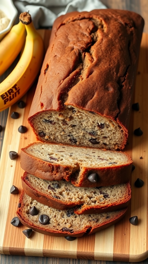 A loaf of chocolate chip banana bread sliced and displayed with chocolate chips and bananas.