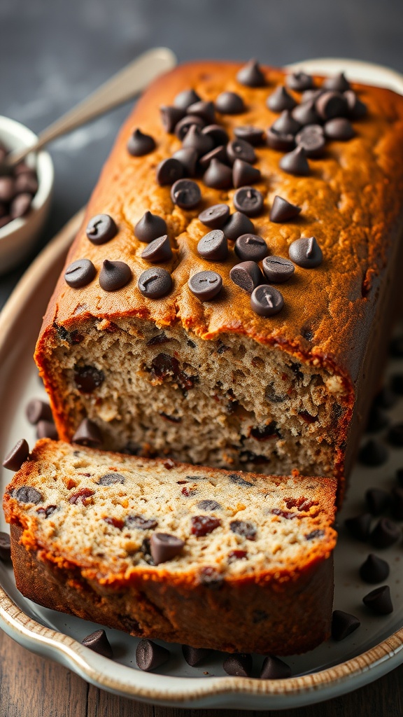 A loaf of chocolate chip banana bread with chocolate chips sprinkled on top, sliced on a plate.