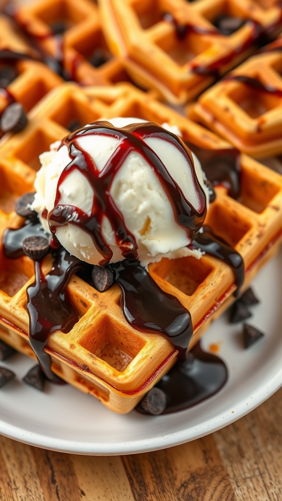 Delicious chocolate chip waffles topped with ice cream and chocolate syrup