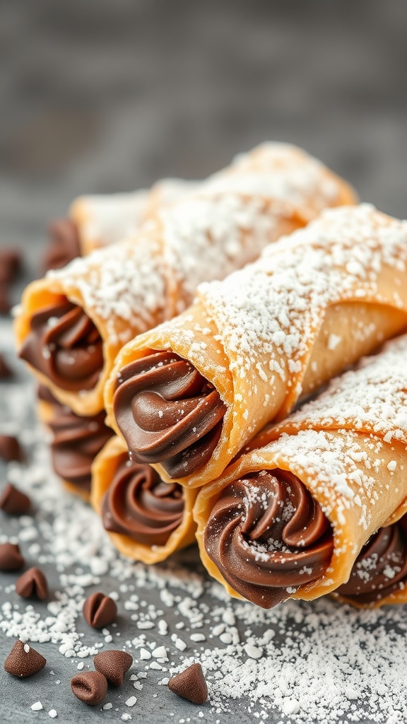 Delicious chocolate hazelnut cannoli dusted with powdered sugar