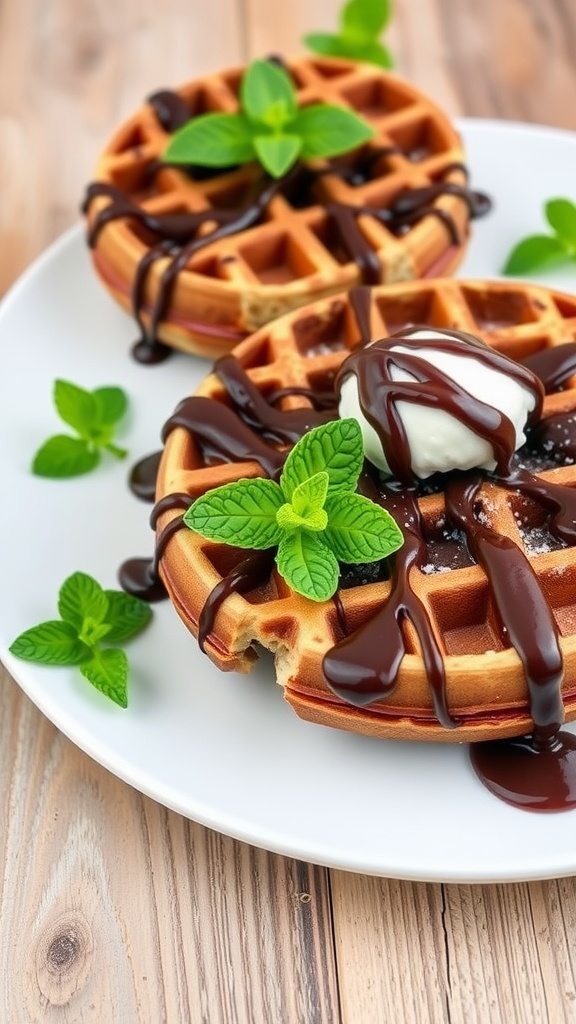 Delicious chocolate mint waffles topped with chocolate sauce and mint leaves