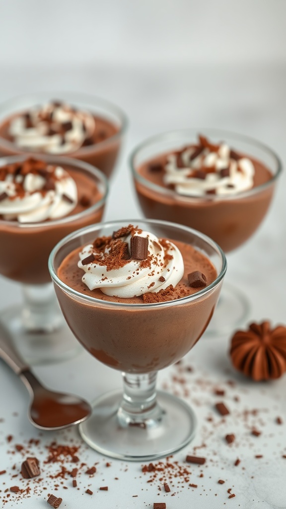 Delicious chocolate mousse served in elegant cups topped with whipped cream and chocolate shavings.