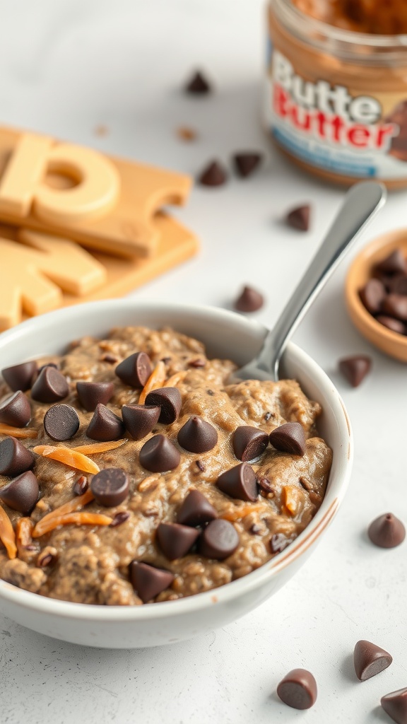 A bowl of chocolate peanut butter oatmeal topped with chocolate chips and peanut butter.