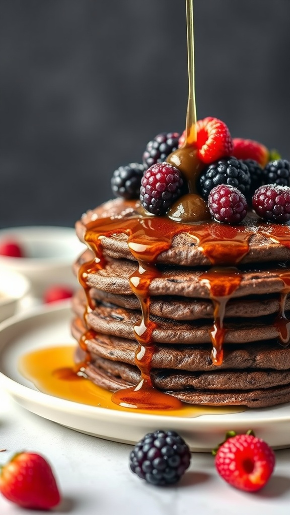 A stack of chocolate protein pancakes topped with berries and syrup.
