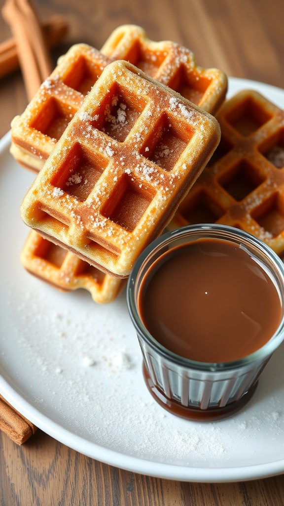 Delicious churro waffles served with chocolate sauce