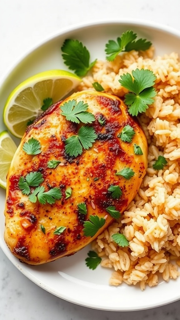 A plate of cilantro lime chicken served with rice, garnished with lime and cilantro.