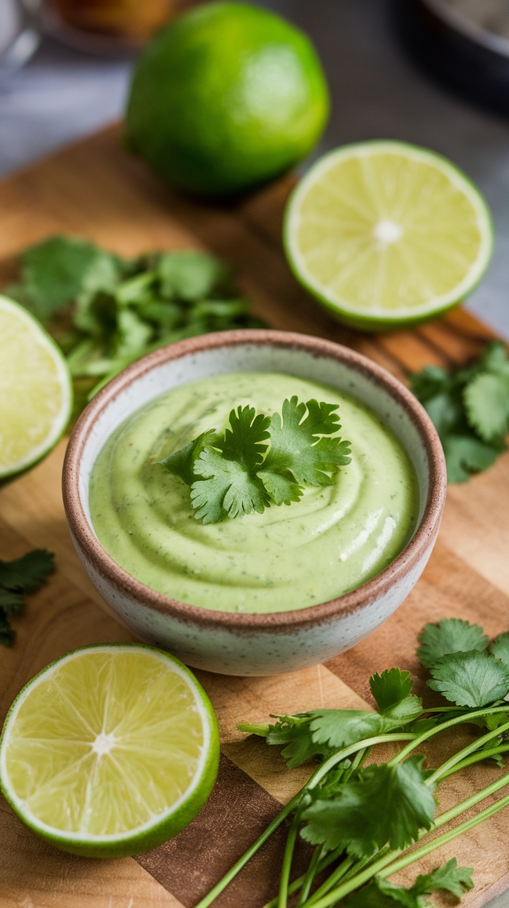 A bowl of bright green cilantro lime dressing garnished with fresh cilantro, surrounded by lime halves and cilantro sprigs.