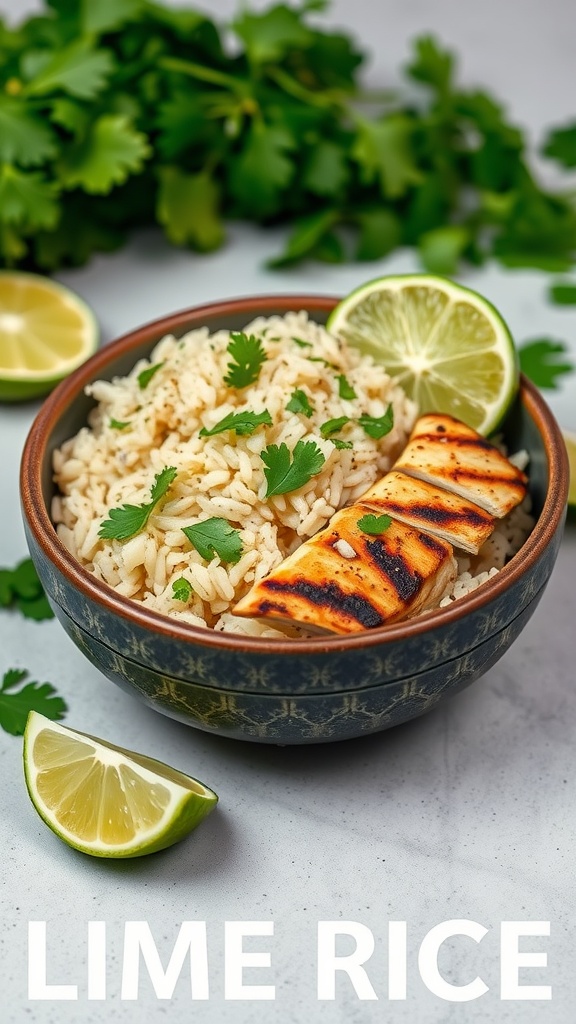 Bowl of cilantro lime rice topped with grilled chicken, garnished with lime and cilantro.