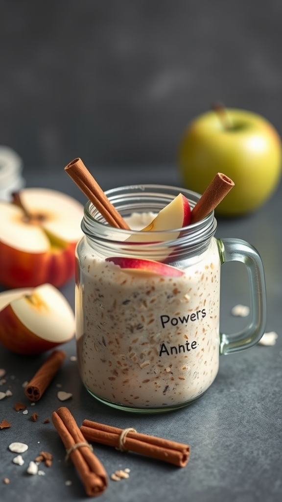 A jar of cinnamon apple overnight oats with apple slices and cinnamon sticks.